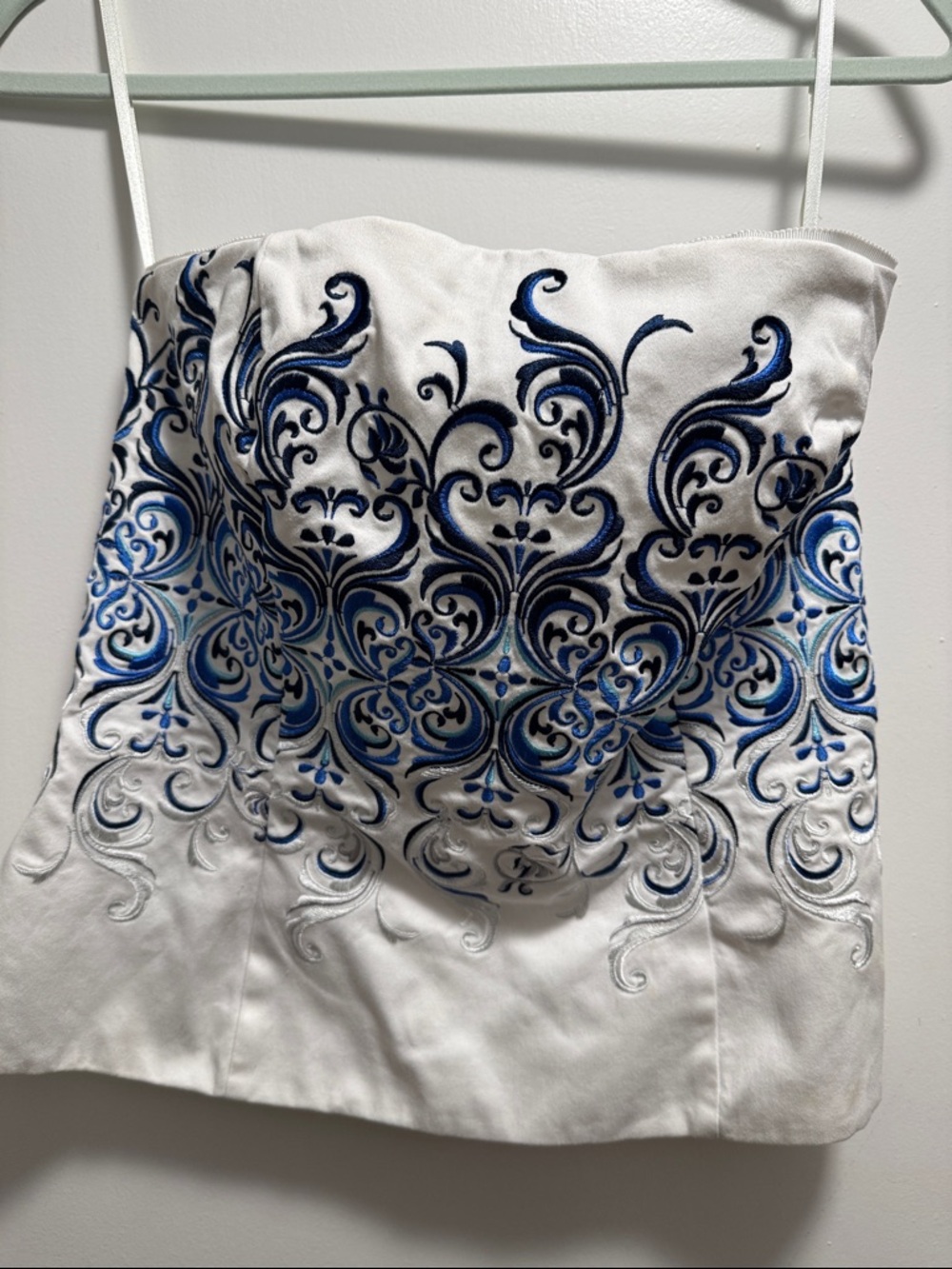 White Strapless Corset Top with Blue Embroidered Scrolls